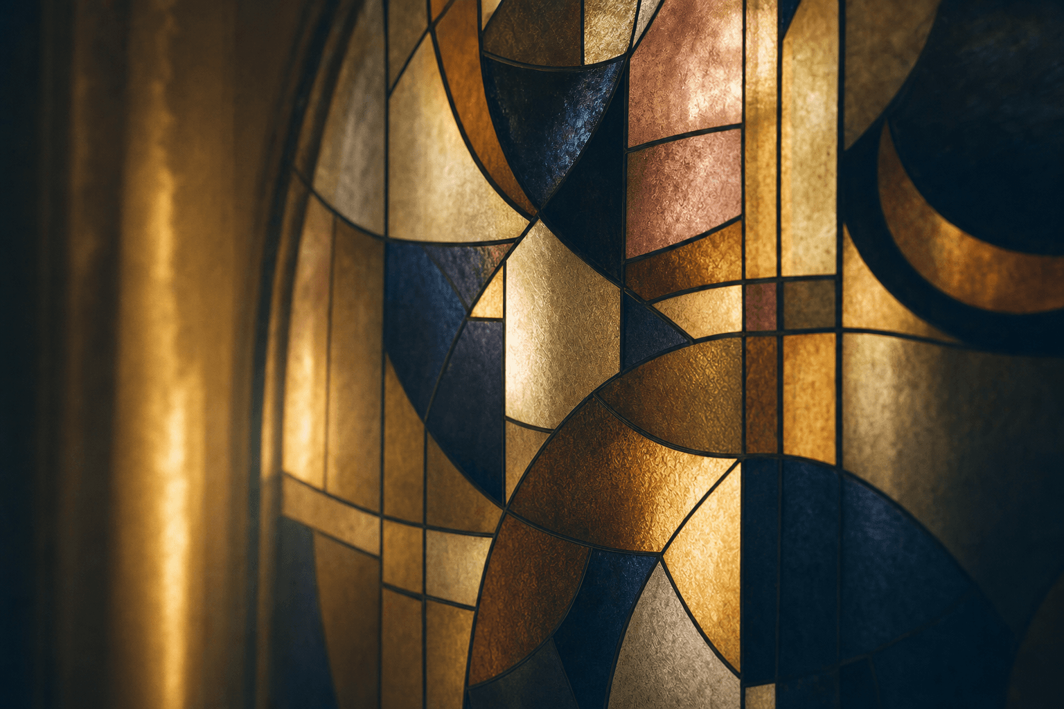 Sunlight passing through a warm-toned abstract stained glass window in a quiet sacred interior.